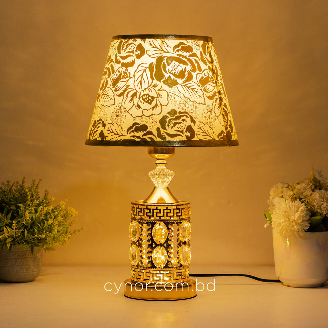 TL387-Golden Metal Table Lamp with Crystal Design Floral Pattern Plastic Shade (5)