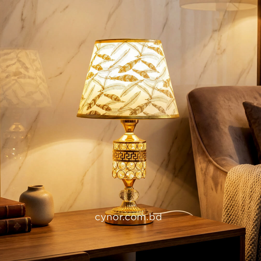 TL388-Golden Metal Table Lamp with Crystal Design and Leaf Pattern Shade (1)