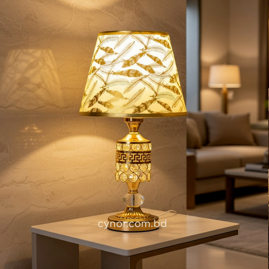 TL388-Golden Metal Table Lamp with Crystal Design and Leaf Pattern Shade (2)