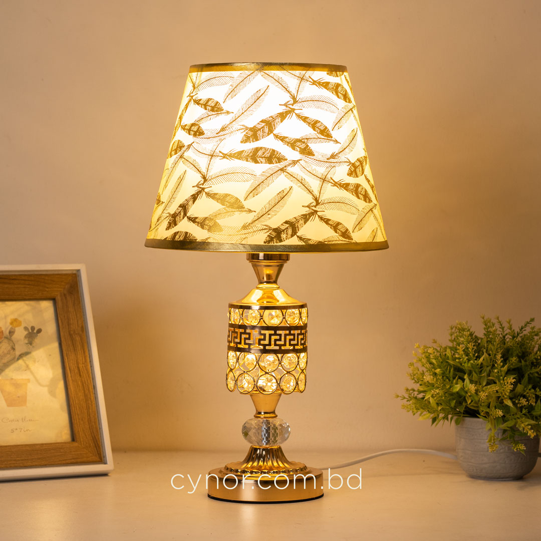 TL388-Golden Metal Table Lamp with Crystal Design and Leaf Pattern Shade (4)