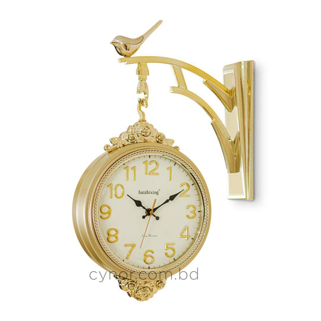 WC634-Golden-Double Sided Station Wall Clock Fiber Body Golden Color Floral Design (10)