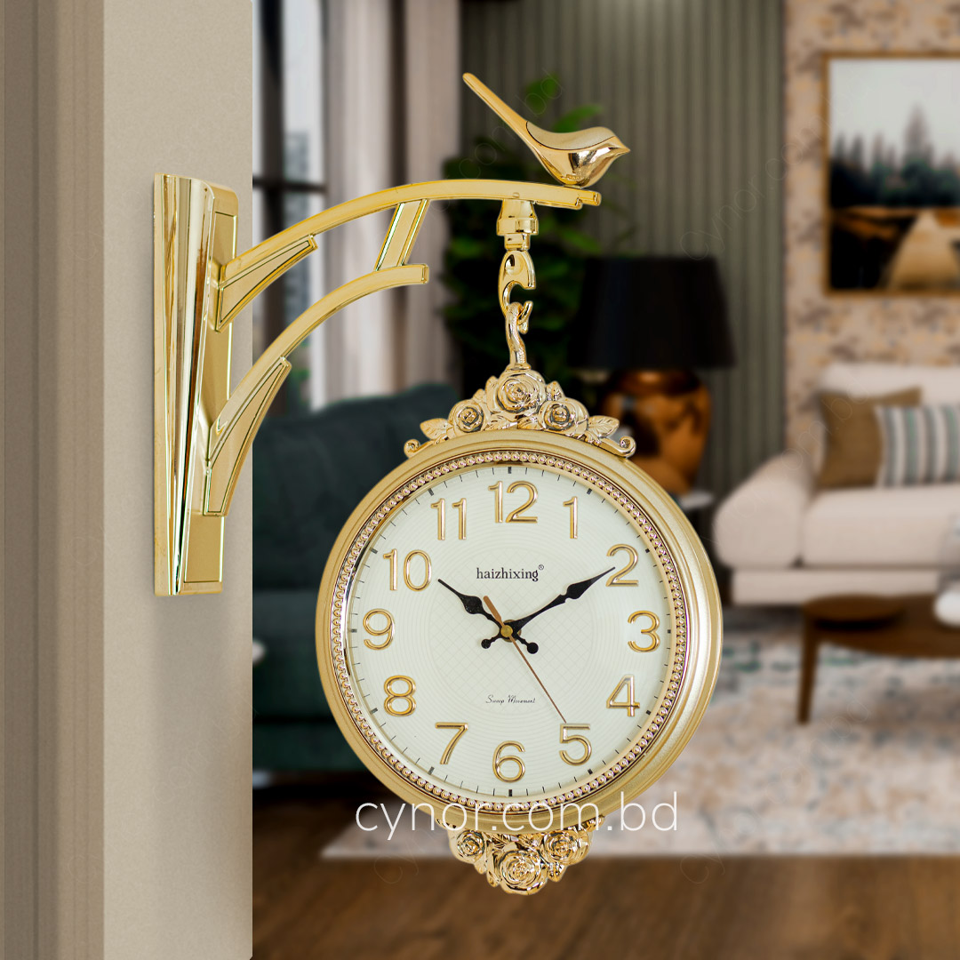 WC634-Golden-Double Sided Station Wall Clock Fiber Body Golden Color Floral Design (11)