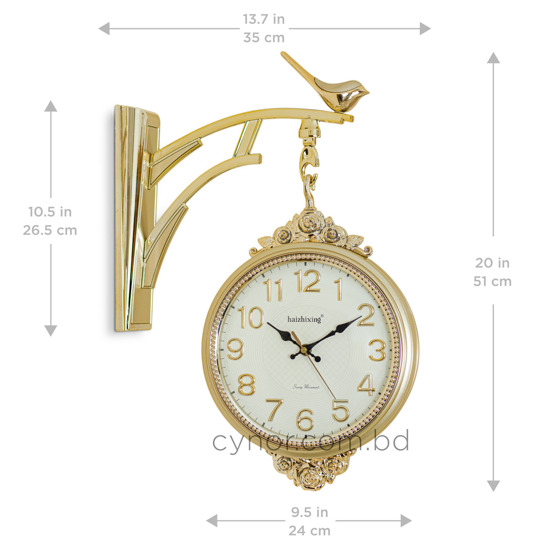 WC634-Golden-Double Sided Station Wall Clock Fiber Body Golden Color Floral Design (2)