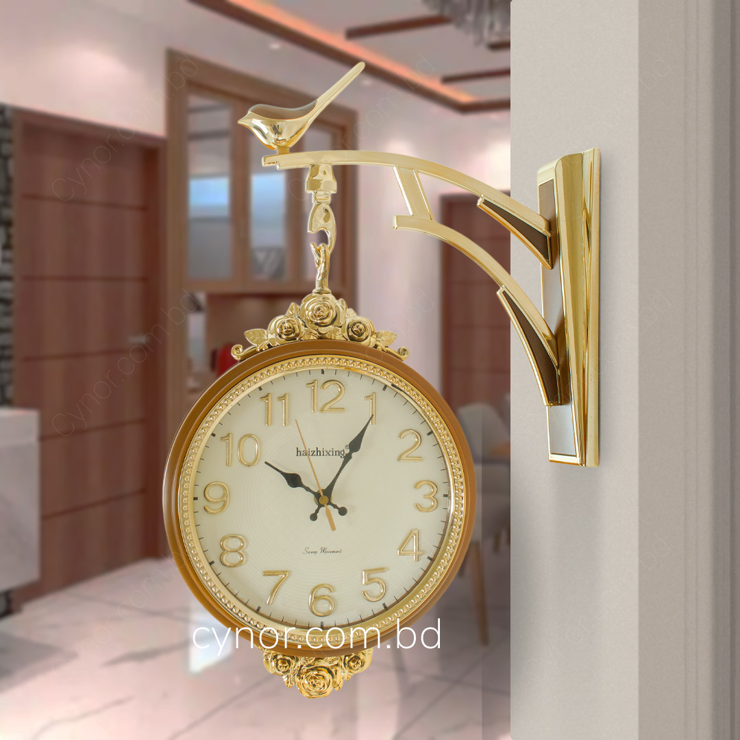 WC634-Wood-Double Sided Station Wall Clock Fiber Body Wood Color with Golden Design (2)