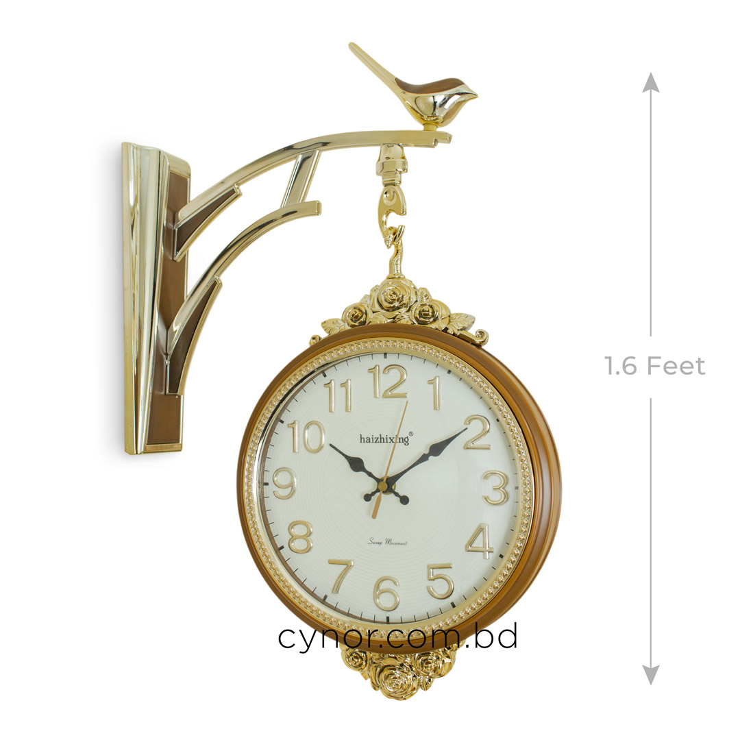 WC634-Wood-Double Sided Station Wall Clock Fiber Body Wood Color with Golden Design (3)