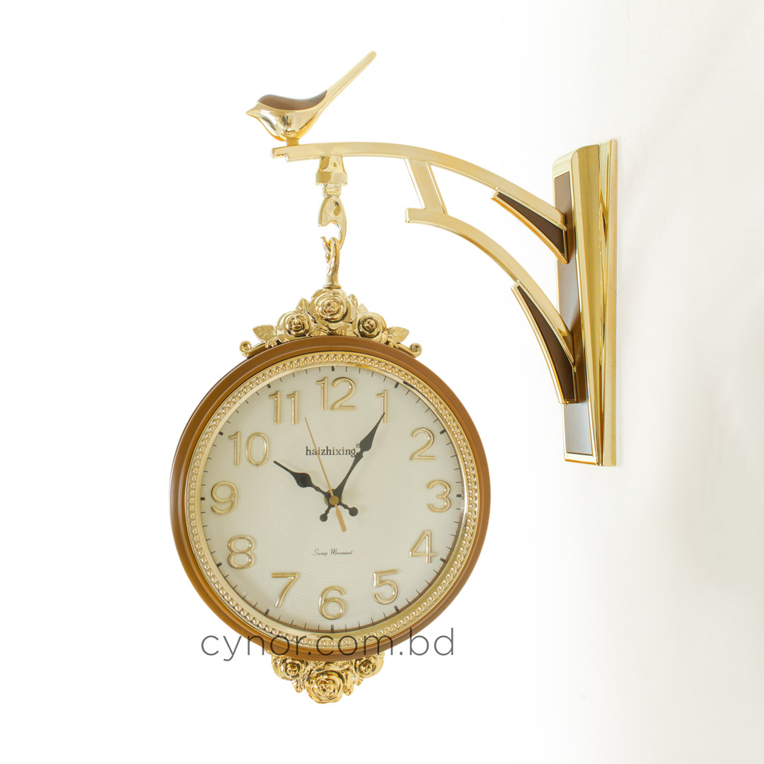 WC634-Wood-Double Sided Station Wall Clock Fiber Body Wood Color with Golden Design (4)