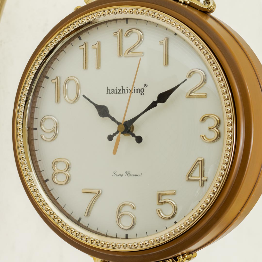 WC634-Wood-Double Sided Station Wall Clock Fiber Body Wood Color with Golden Design (5)