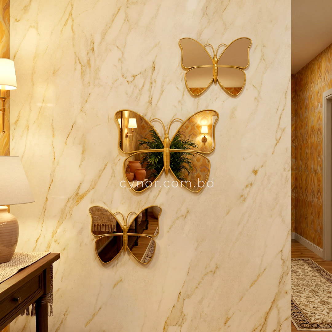WR701- 3 Piece Butterfly Mirror Set Golden Fiber Wall Art Decor (1)