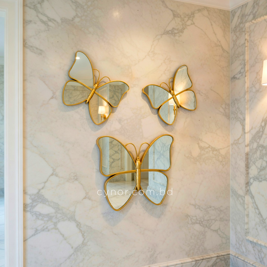 WR701- 3 Piece Butterfly Mirror Set Golden Fiber Wall Art Decor (2)