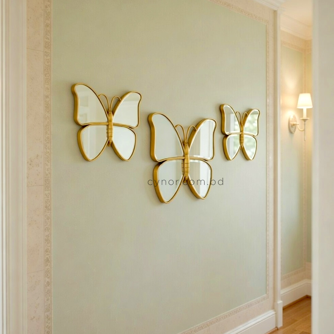 WR701- 3 Piece Butterfly Mirror Set Golden Fiber Wall Art Decor (3)