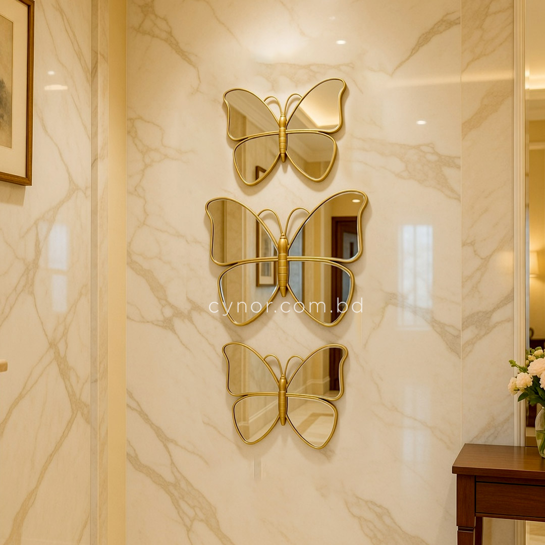 WR701- 3 Piece Butterfly Mirror Set Golden Fiber Wall Art Decor (7)