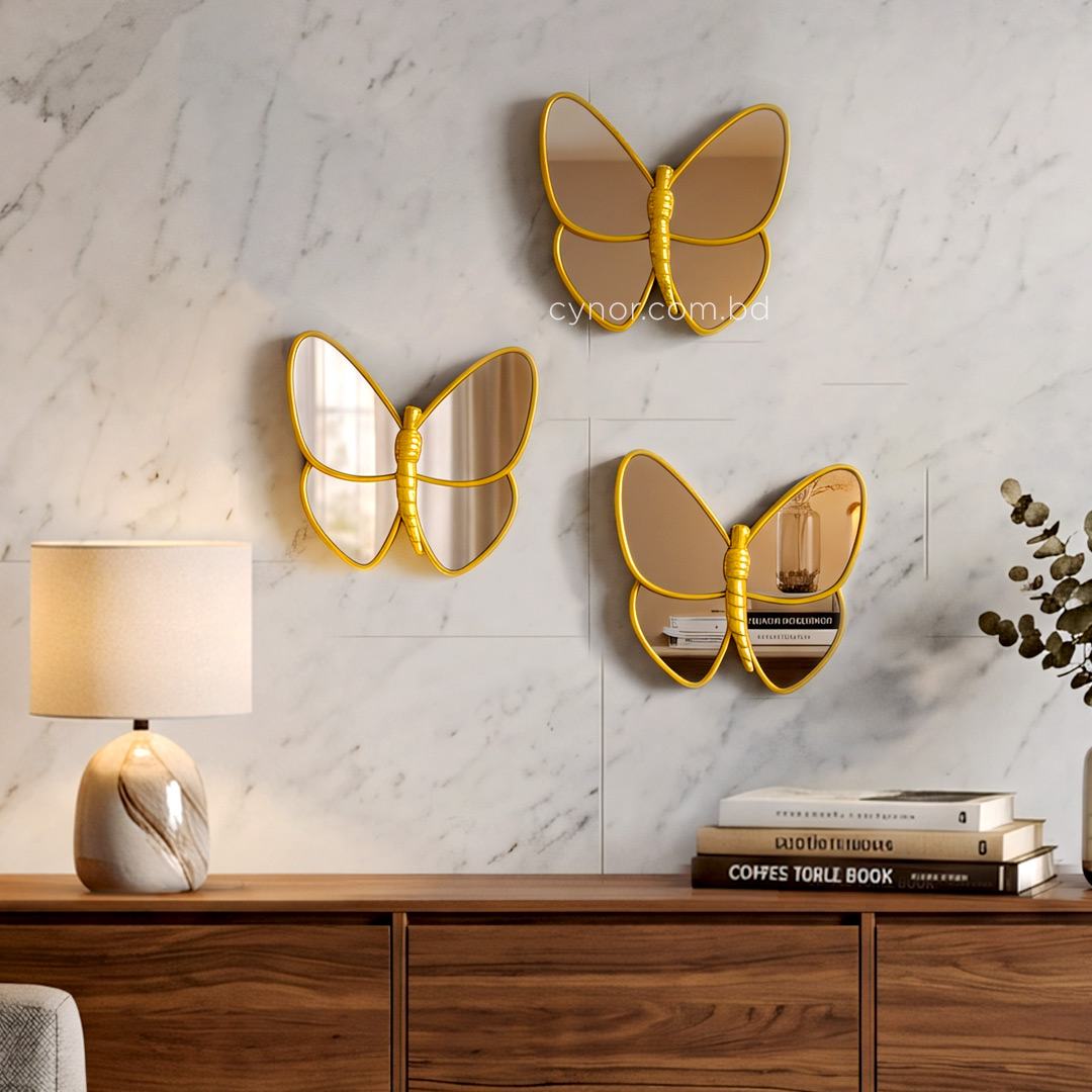 WR702-3 Piece Butterfly Mirror Set Golden Fiber Wall Art Decor (1)