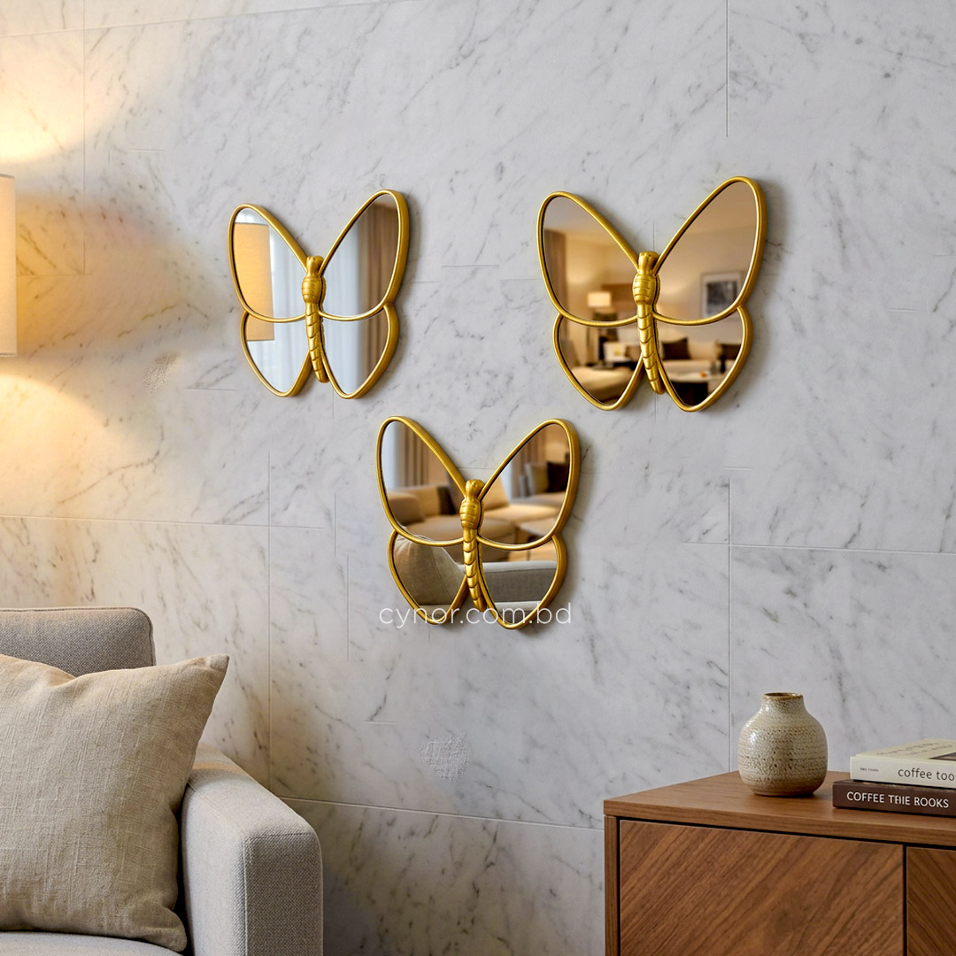 WR702-3 Piece Butterfly Mirror Set Golden Fiber Wall Art Decor (2)