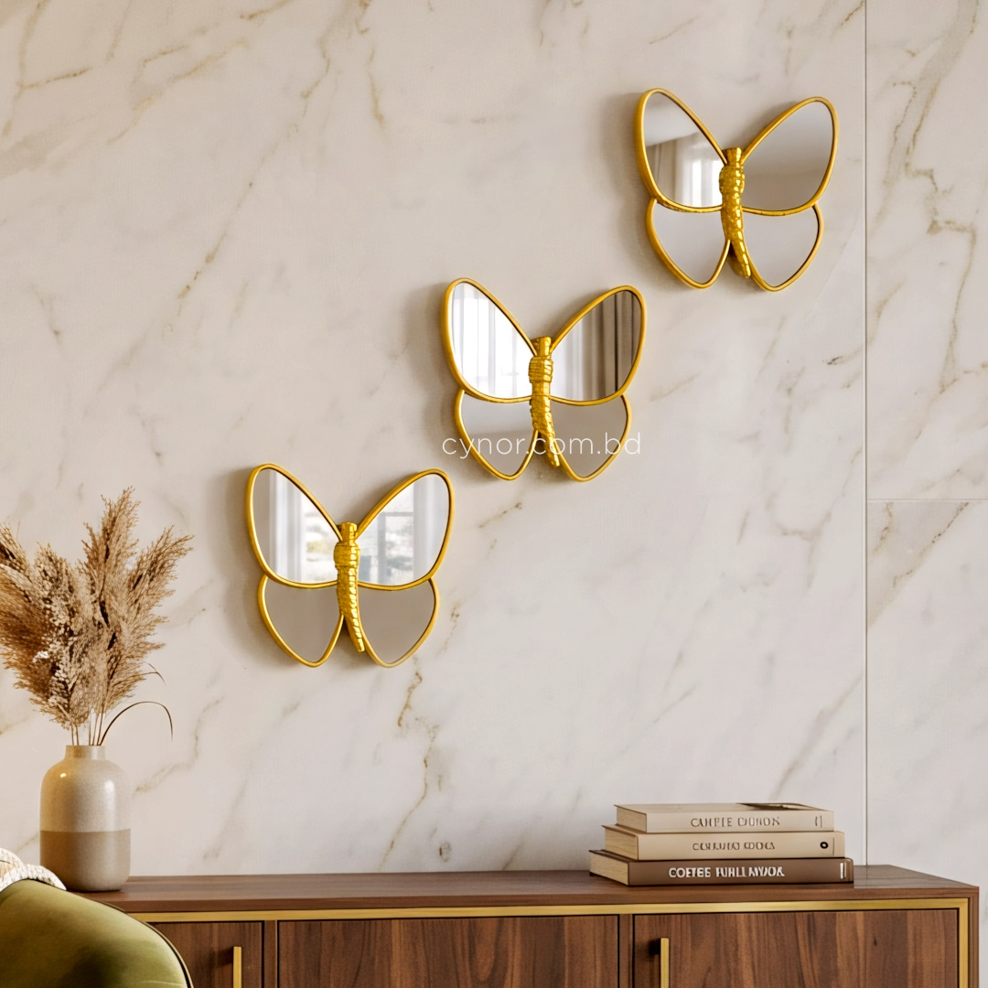 WR702-3 Piece Butterfly Mirror Set Golden Fiber Wall Art Decor (5)