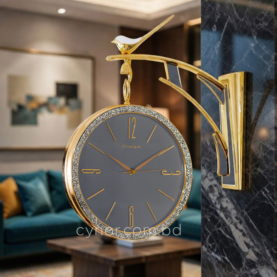 WC738-Ash-Golden Double Sided Station Wall Clock Glitter Finish Ash Leather Texture Dial (1)