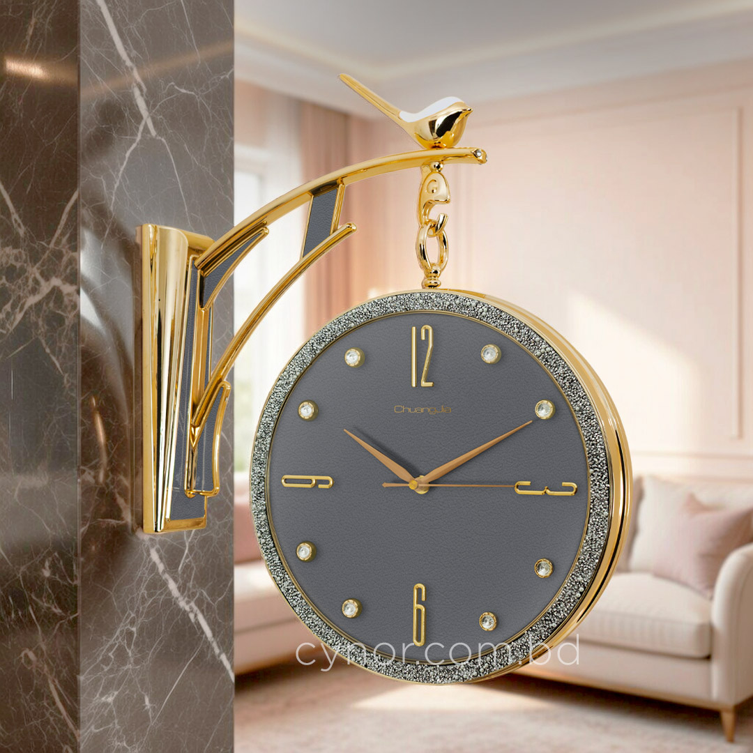 WC738-Ash-Golden Double Sided Station Wall Clock Glitter Finish Ash Leather Texture Dial (2)