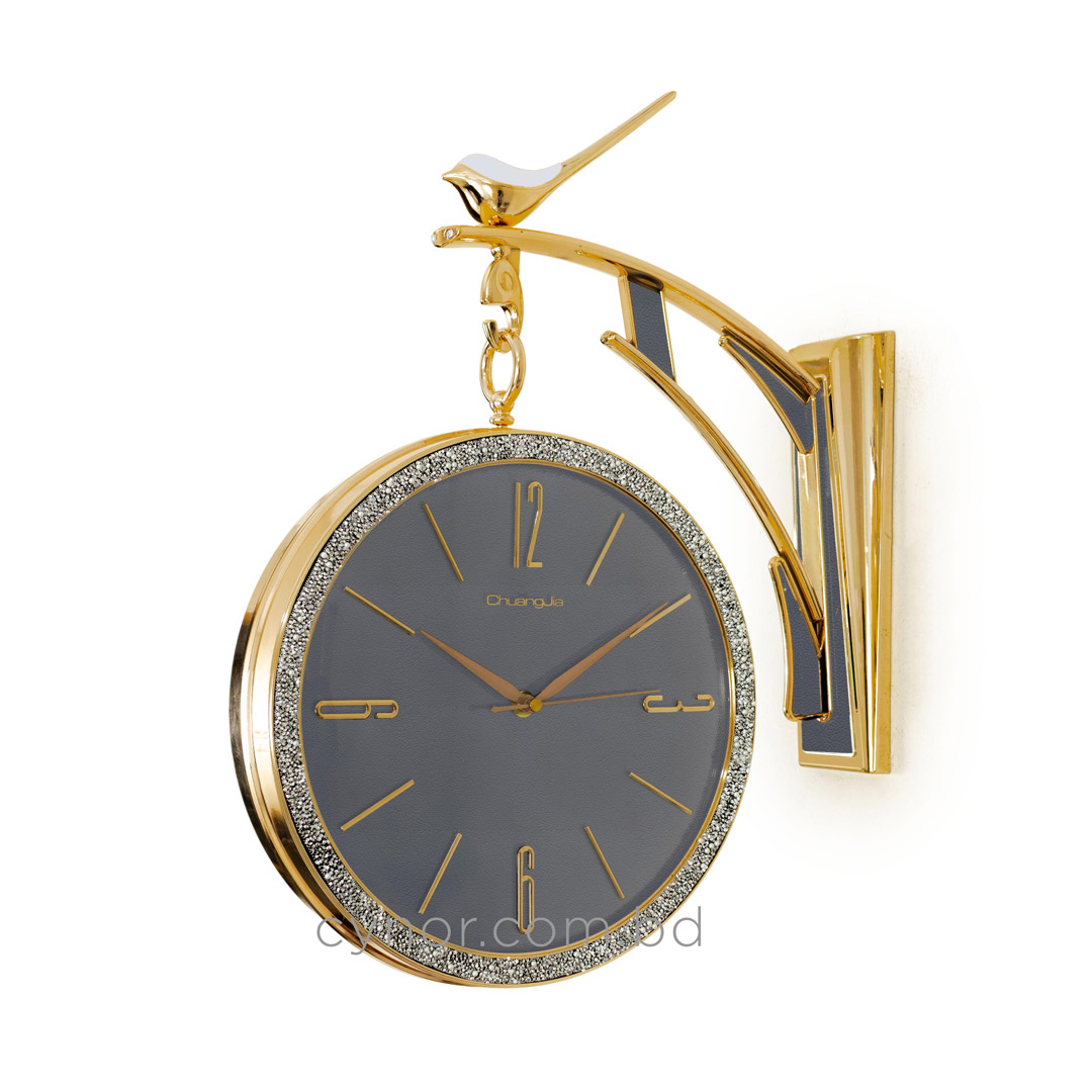 WC738-Ash-Golden Double Sided Station Wall Clock Glitter Finish Ash Leather Texture Dial (3)