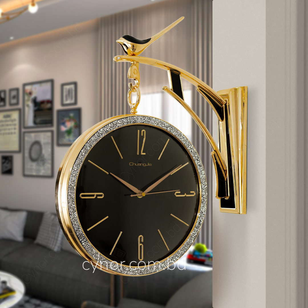 WC738-Black-Golden Body Silver Sparkling Double Sided Station Wall Clock Black Dial (2)
