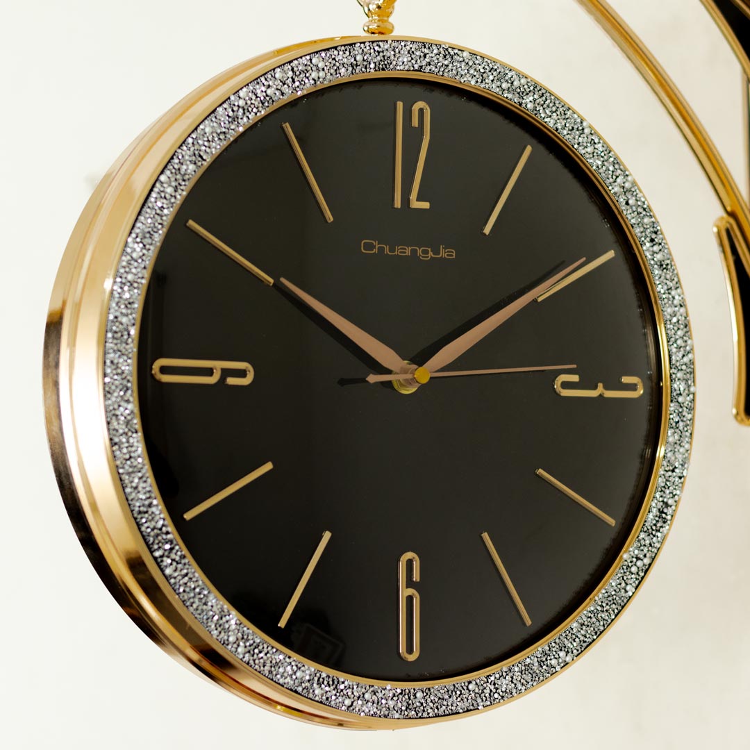 WC738-Black-Golden Body Silver Sparkling Double Sided Station Wall Clock Black Dial (5)