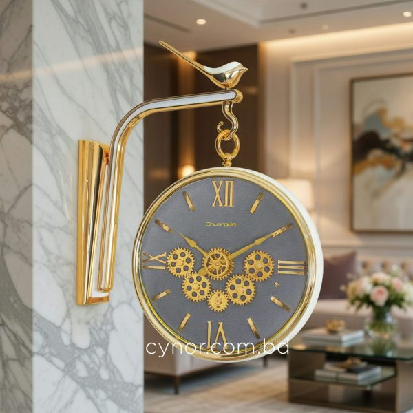 Golden and Ash Double Sided Station Wall Clock Moving Mechanical Gear Dial
