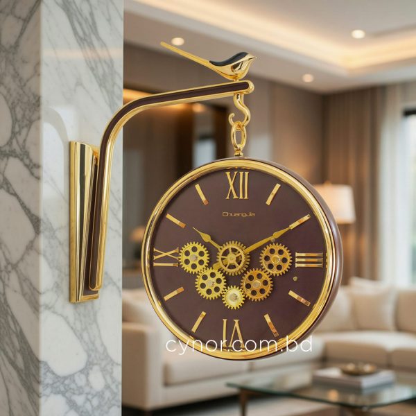 Golden and Maroon Double Sided Station Wall Clock Moving Mechanical Gear Dial