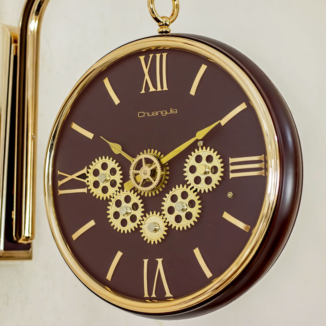 WC739-Maroon-Golden and Maroon Double Sided Station Wall Clock Moving Mechanical Gear Dial (3)