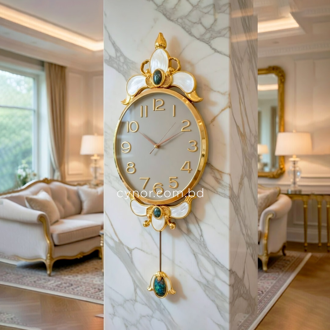WC740-Ash-Pendulum Wall Clock Glass Dial Fiber Body Golden White Green Design (1)