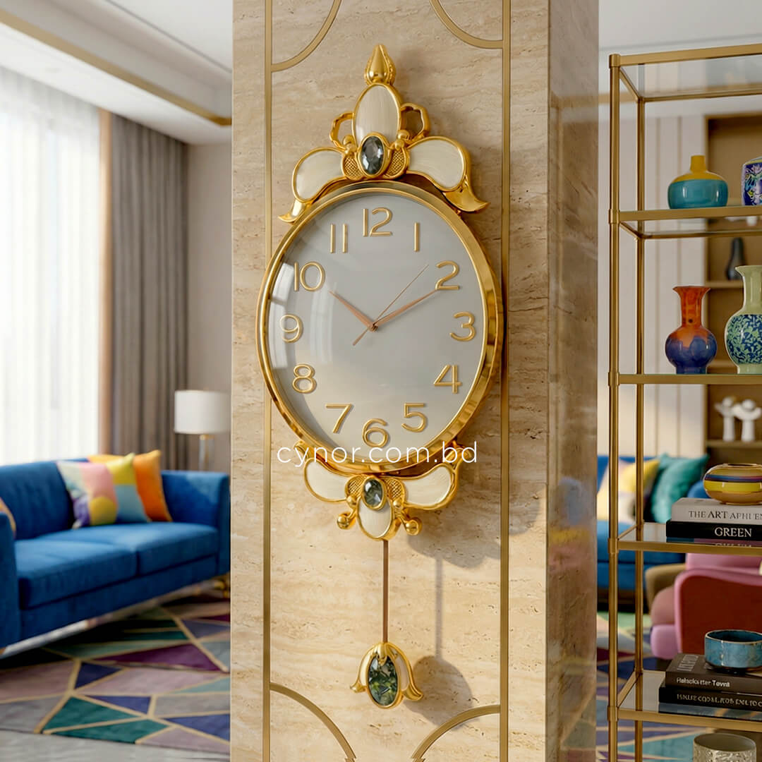 WC740-Ash-Pendulum Wall Clock Glass Dial Fiber Body Golden White Green Design (2)
