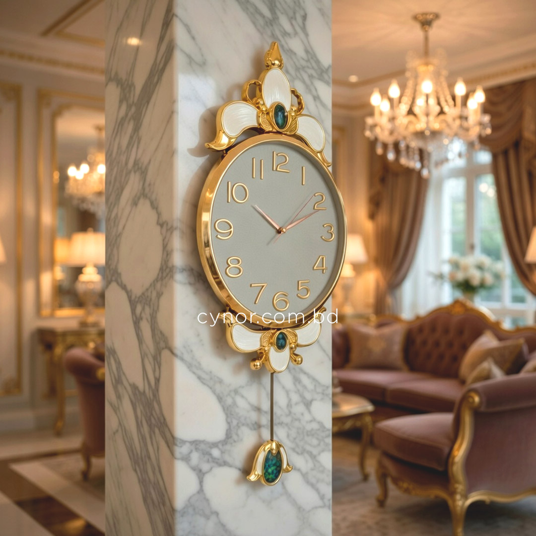 WC740-Ash-Pendulum Wall Clock Glass Dial Fiber Body Golden White Green Design (3)