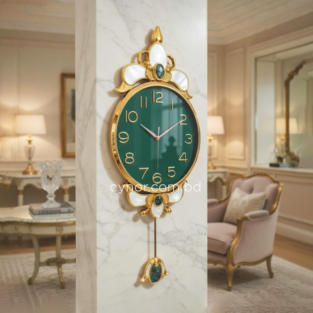 WC740-Green-Pendulum Wall Clock Green Dial Fiber Body Golden White Green Design (1)
