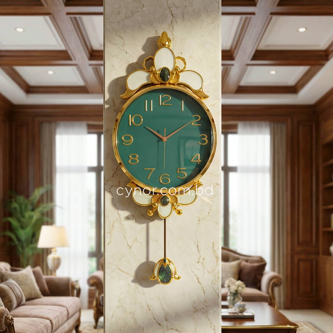 WC740-Green-Pendulum Wall Clock Green Dial Fiber Body Golden White Green Design (2)