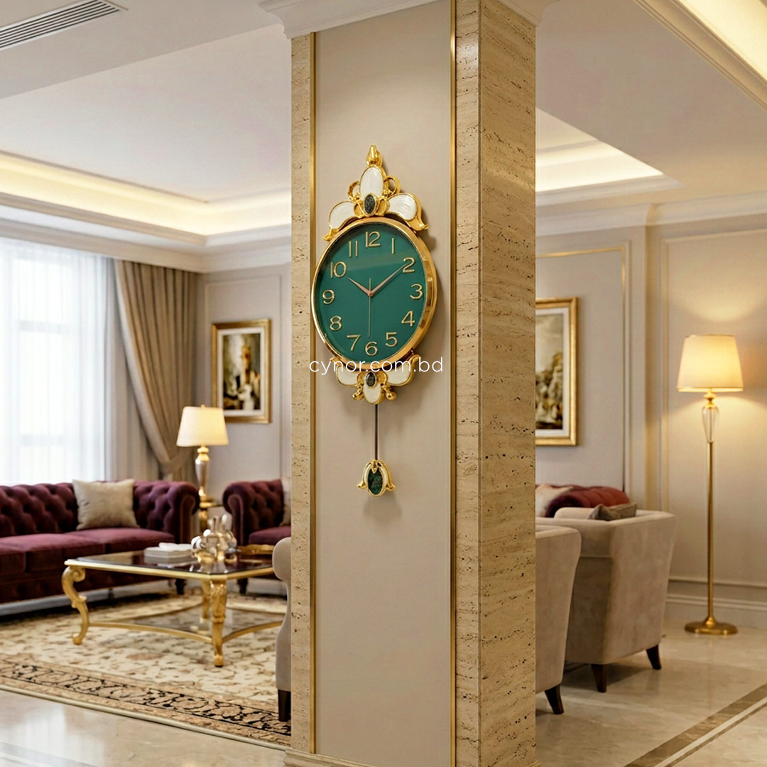 WC740-Green-Pendulum Wall Clock Green Dial Fiber Body Golden White Green Design (3)