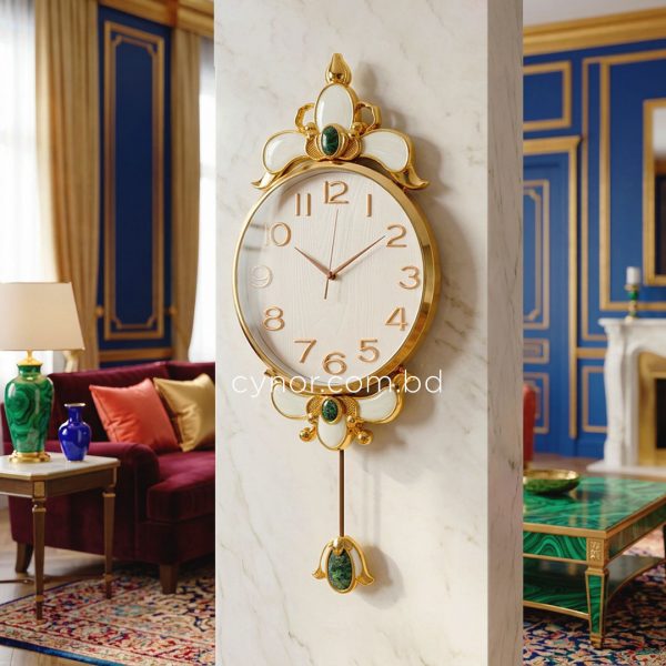 Pendulum Wall Clock Glass Dial Fiber Body Golden White Design