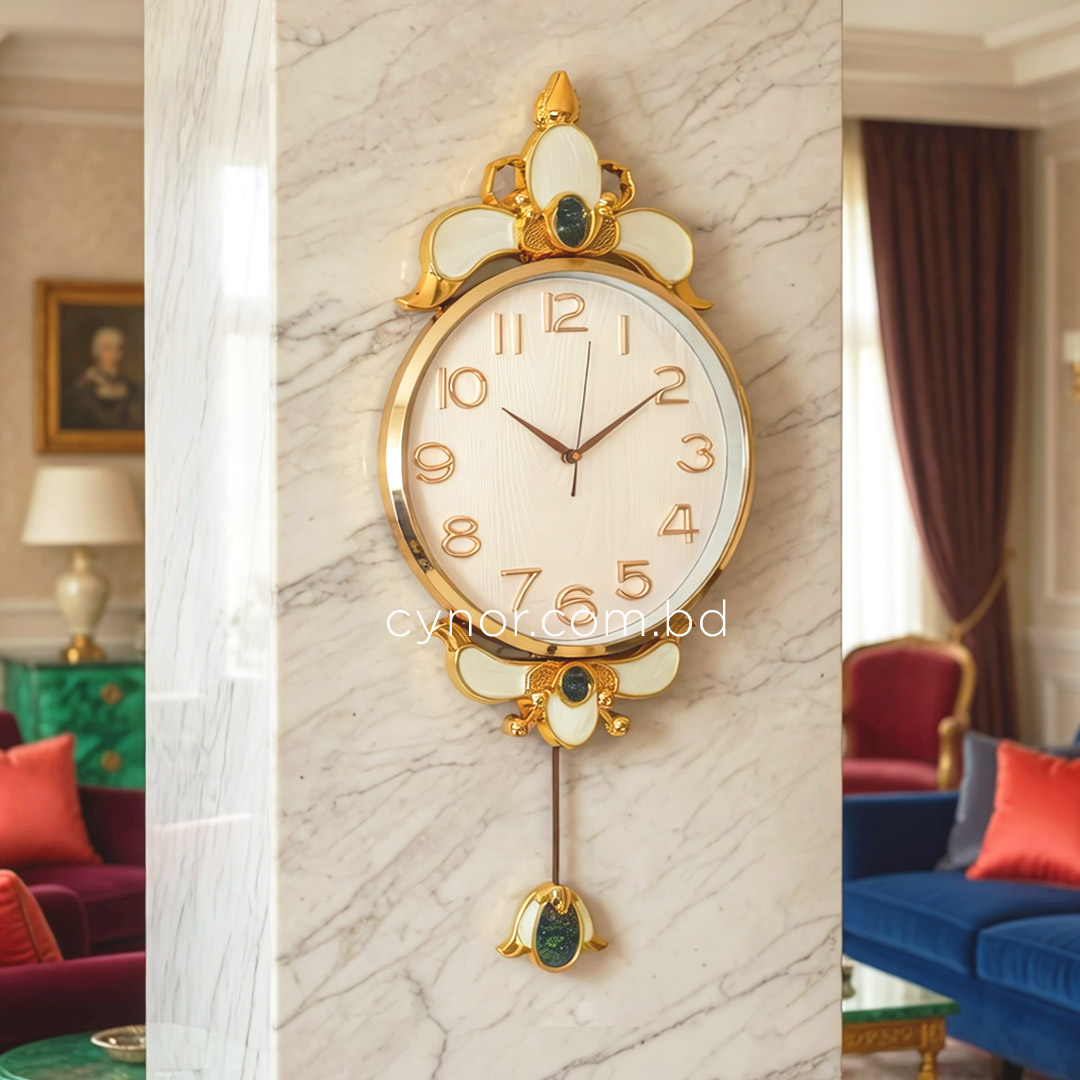 WC740-White-Pendulum Wall Clock Glass Dial Fiber Body Golden White Design (2)