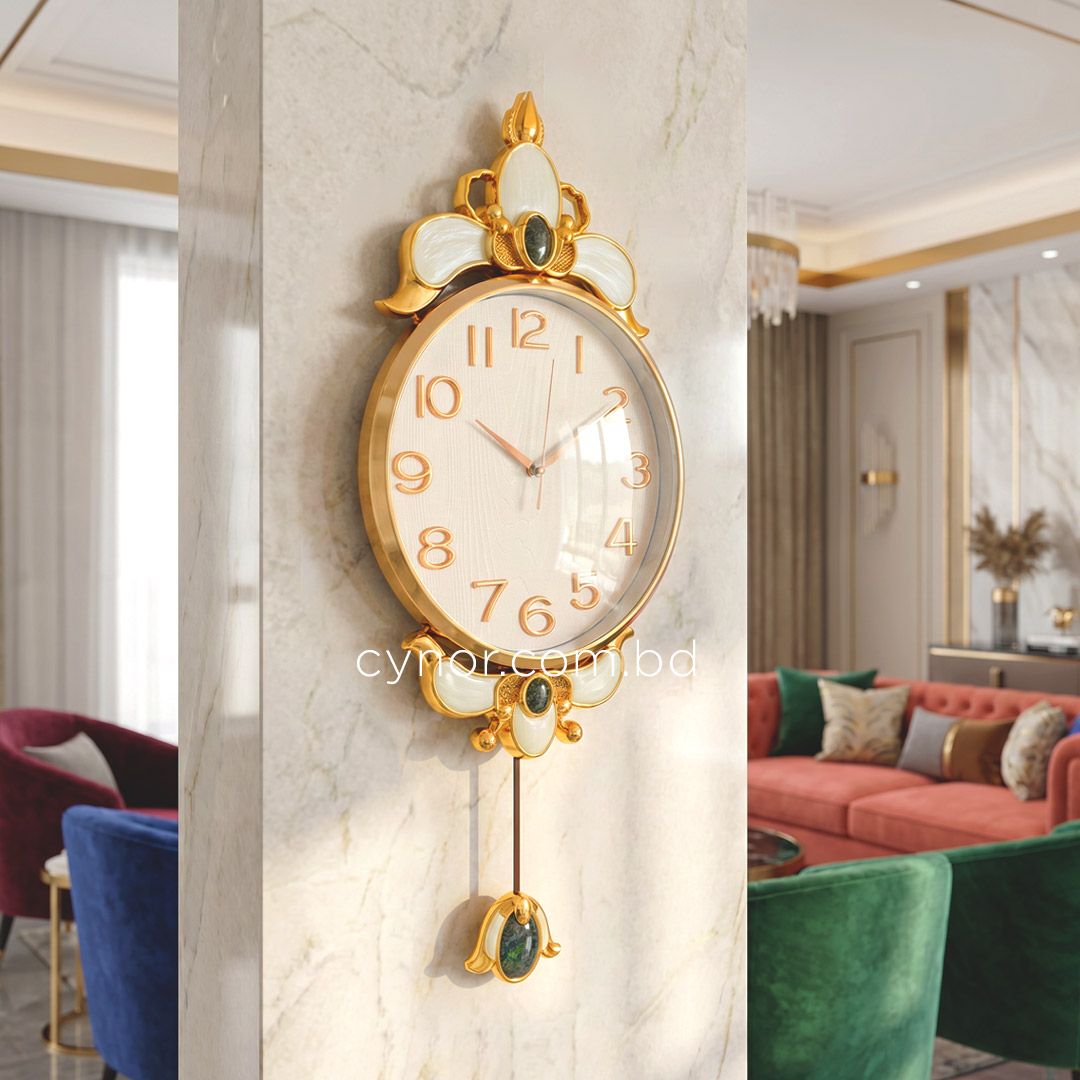 WC740-White-Pendulum Wall Clock Glass Dial Fiber Body Golden White Design (3)