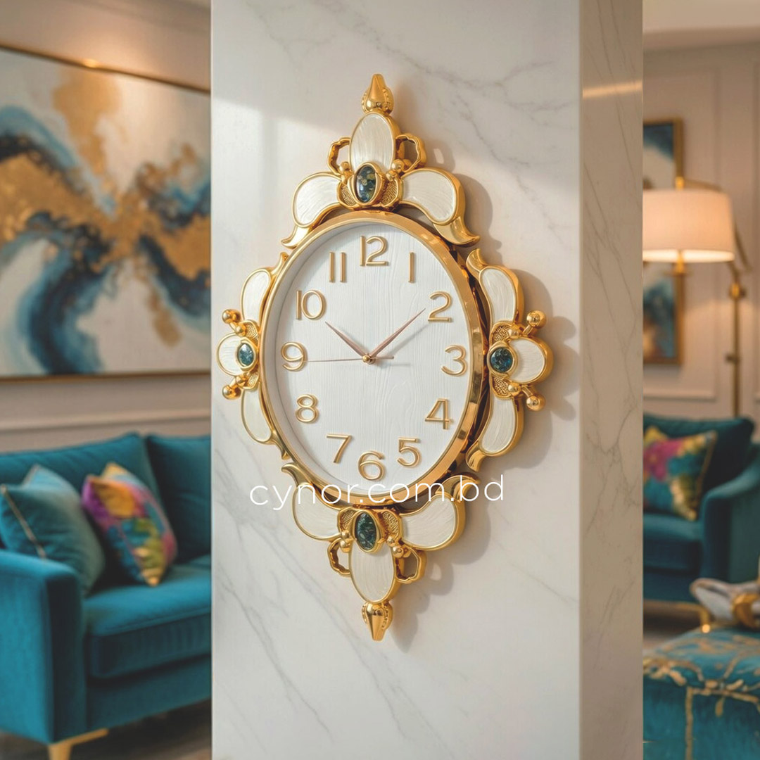 WC742-White-Ornamental Wall Clock White Dial Fiber Body Golden Green Decorative Finish (1)