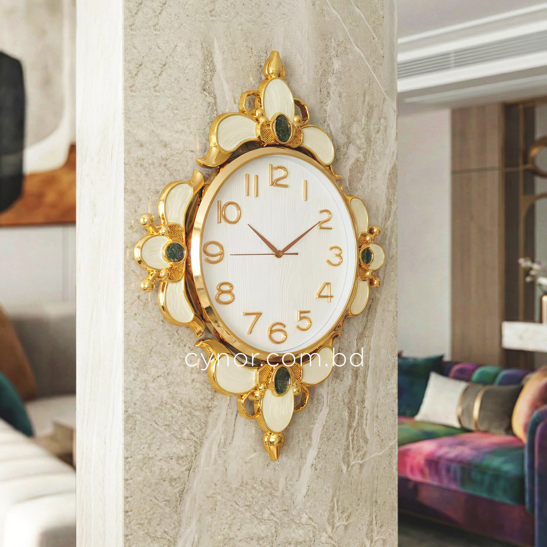 WC742-White-Ornamental Wall Clock White Dial Fiber Body Golden Green Decorative Finish (2)