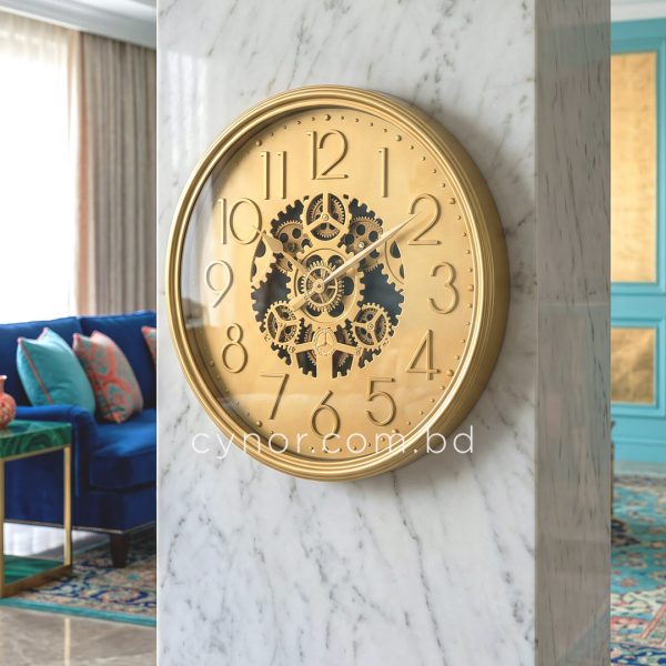 Golden Mechanical Gear Quartz Wall Clock with Fiber and Glass Body