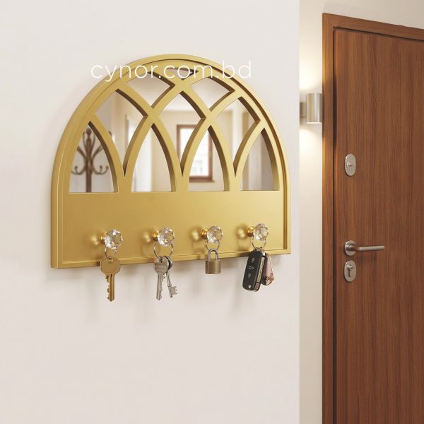 Arched Mirror Key Holder Golden Cathedral Window Design 4 Crystal Hooks