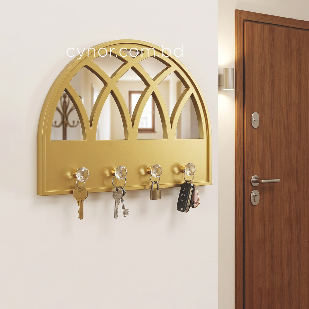 WR691-2-Arched Mirror Key Holder Golden Cathedral Window Design 4 Crystal Hooks (1)