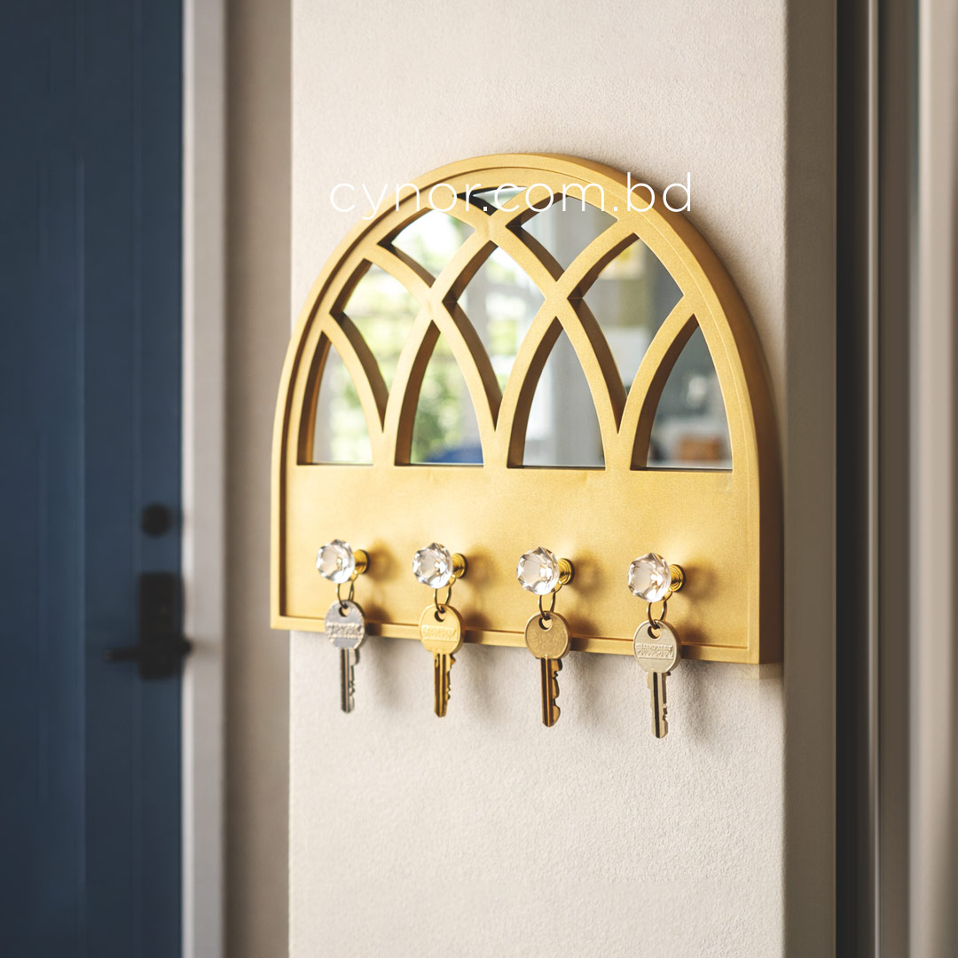 WR691-2-Arched Mirror Key Holder Golden Cathedral Window Design 4 Crystal Hooks (2)