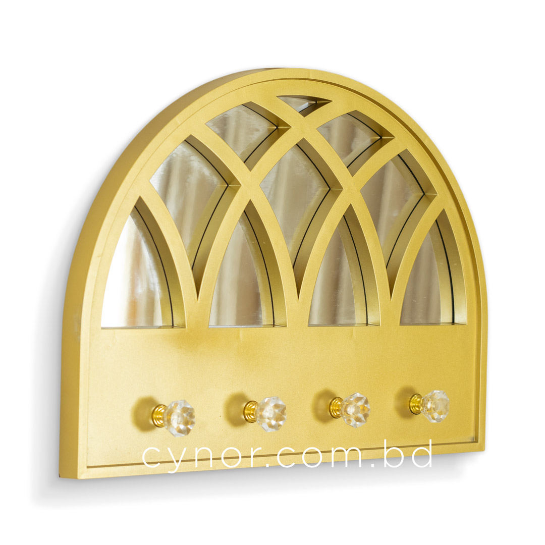 WR691-2-Arched Mirror Key Holder Golden Cathedral Window Design 4 Crystal Hooks (4)