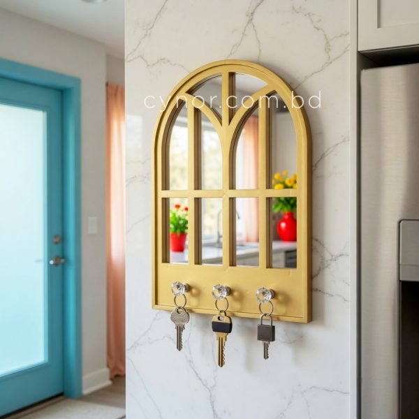 Arched Mirror Key Holder Golden Cathedral Window Design 3 Crystal Hooks