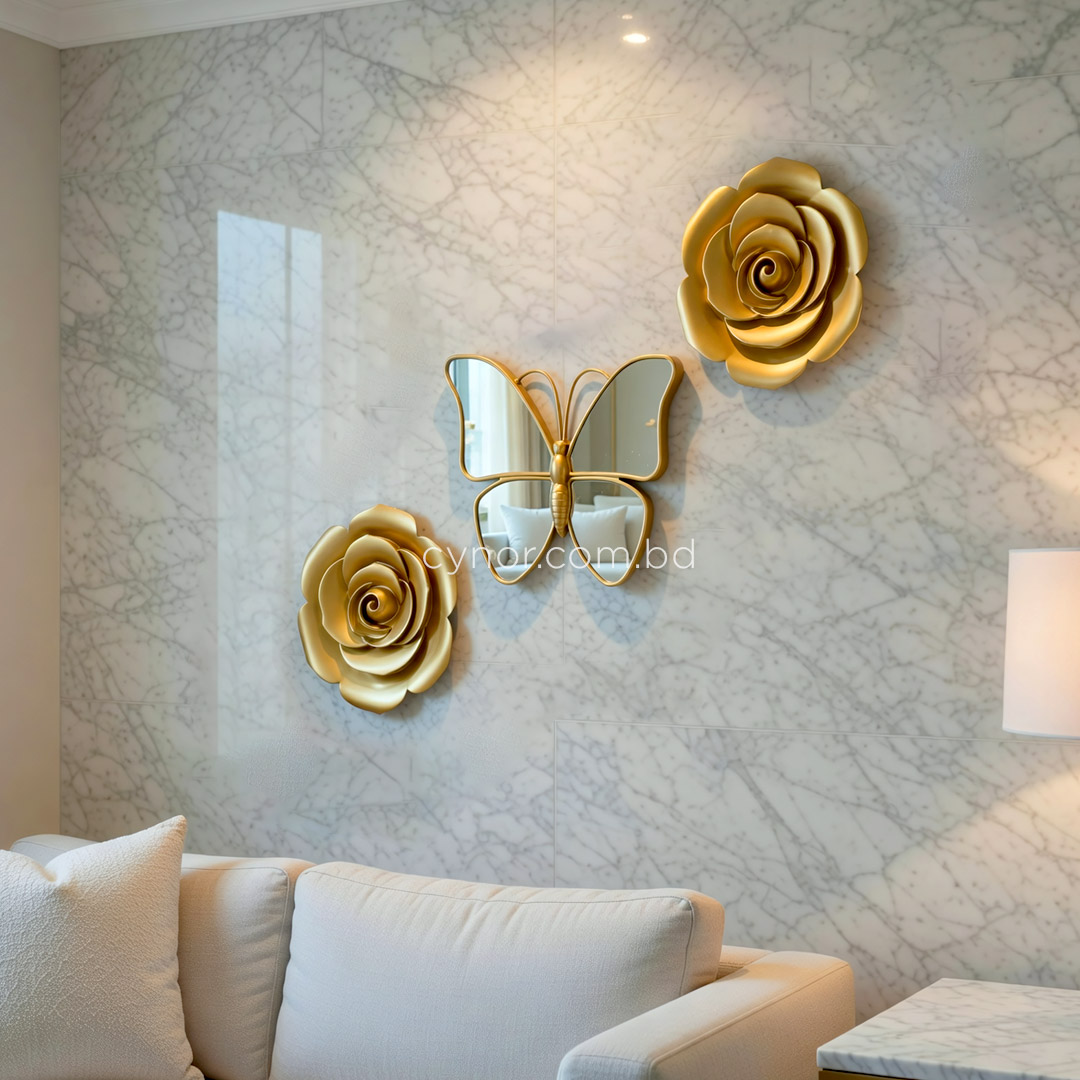 WR706-Golden Butterfly Mirror Wall Art Flower Design 3 Piece Fiber Decor Set (1)