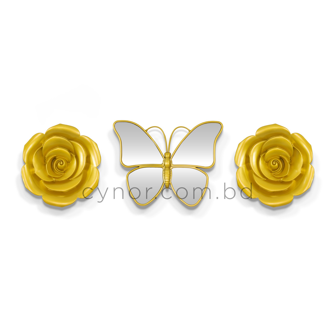 WR706-Golden Butterfly Mirror Wall Art Flower Design 3 Piece Fiber Decor Set (3)
