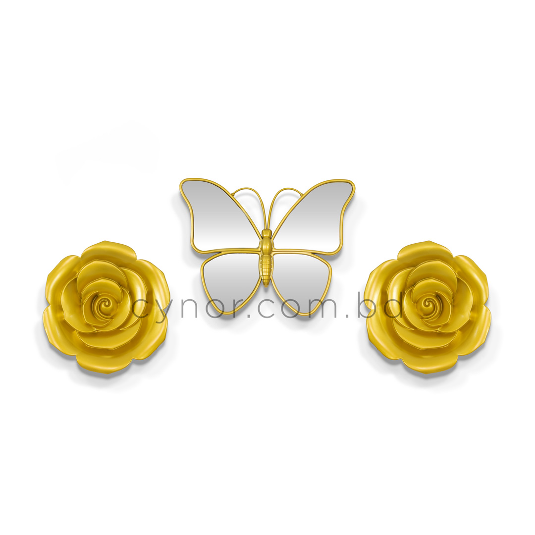 WR706-Golden Butterfly Mirror Wall Art Flower Design 3 Piece Fiber Decor Set (4)