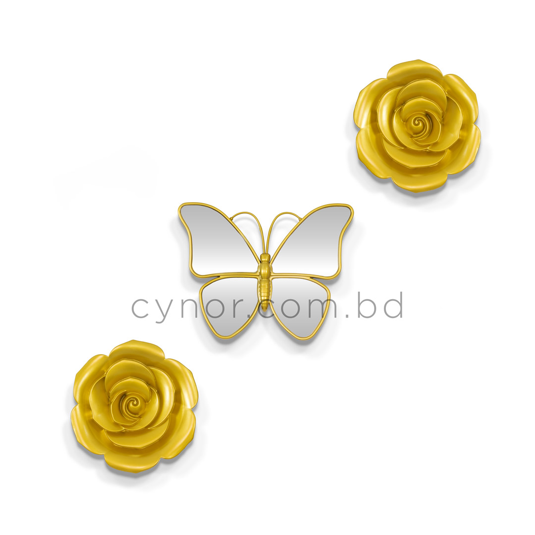 WR706-Golden Butterfly Mirror Wall Art Flower Design 3 Piece Fiber Decor Set (5)