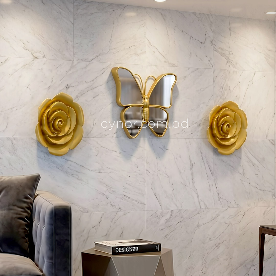 WR706-Golden Butterfly Mirror Wall Art Flower Design 3 Piece Fiber Decor Set (7)
