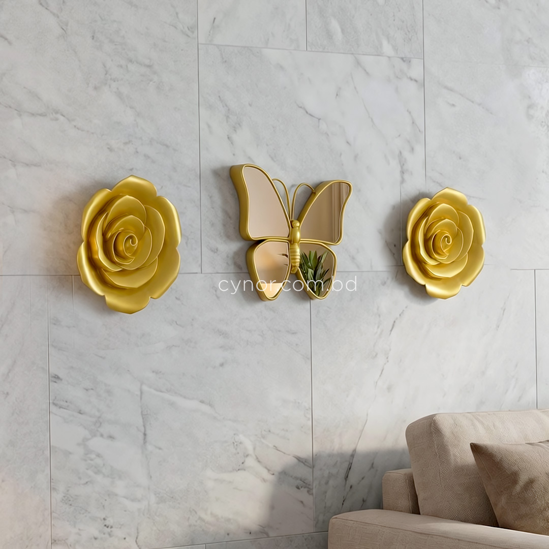 WR706-Golden Butterfly Mirror Wall Art Flower Design 3 Piece Fiber Decor Set (8)