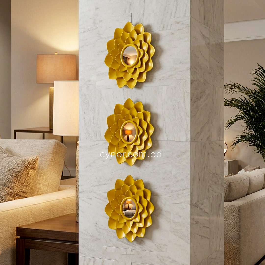 WR707-3 Piece Golden Floral Mirror Wall Decor Set Fiber Decorative Accents (2)
